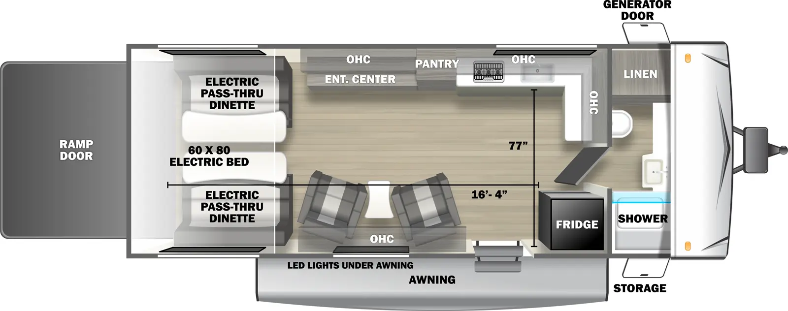 The 2450SRX travel trailer has no slide outs, 1 entry door and 1 rear ramp door. Exterior features include an awning with LED lights, front door side storage and front off-door side generator door. Interior layout from front to back includes: front bathroom with linen storage, toilet, countertop, sink and shower; kitchen with refrigerator next to entry door, L-shaped off-door side countertop with overhead cabinets, stovetop, and kitchen sink; off-door side pantry; 2 door side recliners with end table; off-door side entertainment center across from the recliners; and rear electric 60 x 80 bed with opposing side electric pass-through dinette. Cargo length from rear of unit to refrigerator is 16 ft. 4 in. Cargo width from kitchen countertop to door side wall is 77 inches.